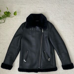 Navy Shearling Moto Jacket
